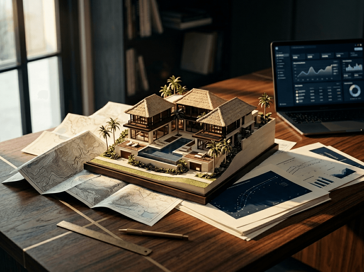 Scale model of an Indonesian villa with maps, printed analytics and an analytics dashboard